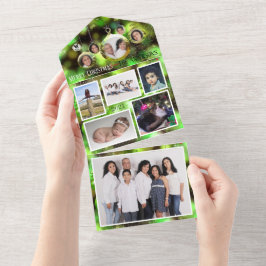 Groene kerstversiering voegt familiefoto's toe vak all in one uitnodiging