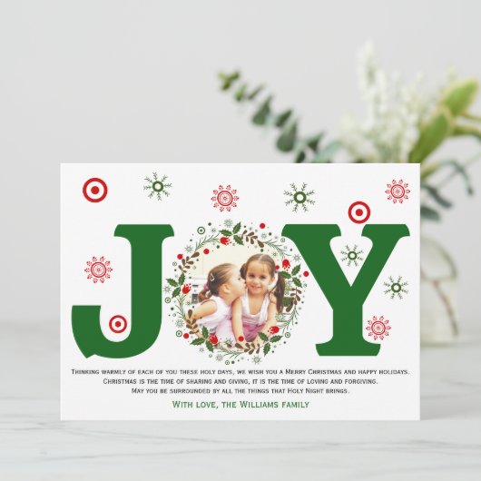 Groene Kerstvreugde en foto in Kerstkrans Feestdagenkaart (Staand voorkant)