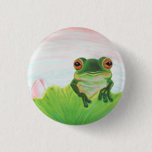 Groene Kikker achter de knop van het lantaarnblok Ronde Button 3,2 Cm