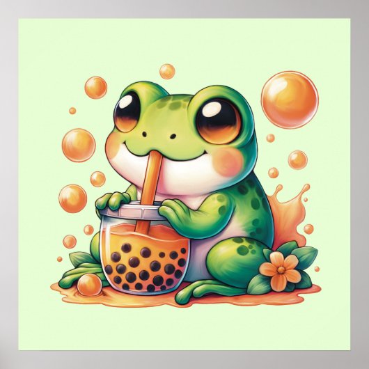 Groene kikker Drink Oranje Boba Bubble Tea Poster (Voorkant)