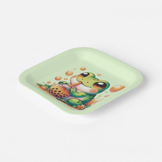 Groene kikker Drink Sinaasappel Boba Papieren Bordje (Gebogen)