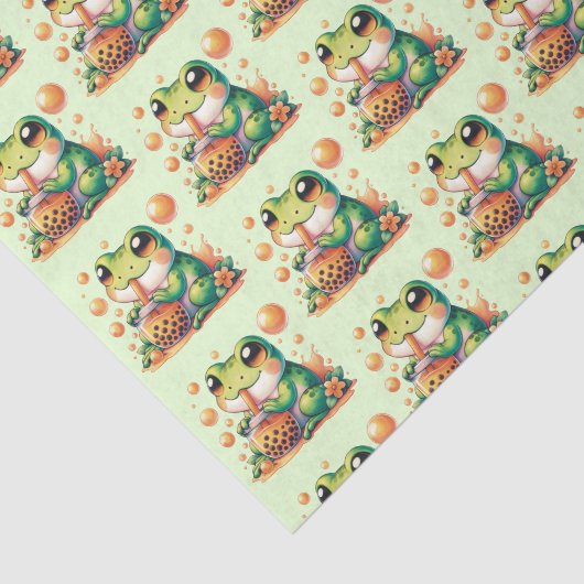 Groene kikker Drink Sinaasappel Boba Pattern Tissuepapier (Detail)