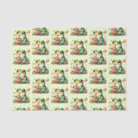 Groene kikker Drink Sinaasappel Boba Pattern Tissuepapier (Voorkant)