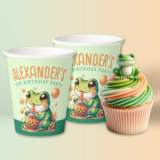 Groene kikker en Sinaasappel Boba Bubble Tea Party Papieren Bekers