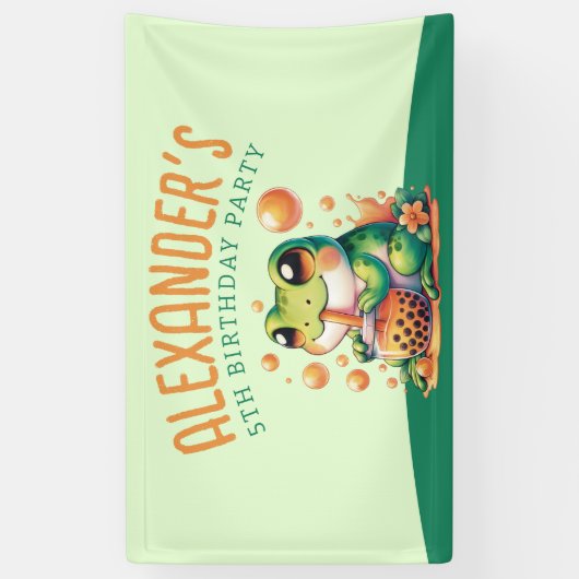Groene kikker en Sinaasappel Boba Bubble Tea Party Spandoek (Verticaal)