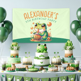 Groene kikker en Sinaasappel Boba Bubble Tea Party Spandoek