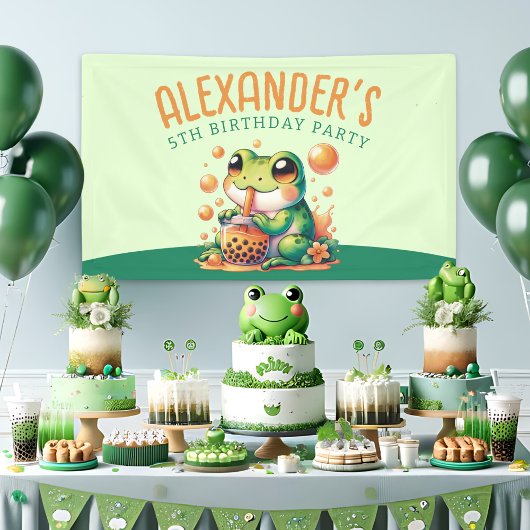 Groene kikker en Sinaasappel Boba Bubble Tea Party Spandoek