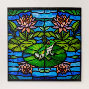 Groene kikker en waterlelie bloemen in glas in loo legpuzzel