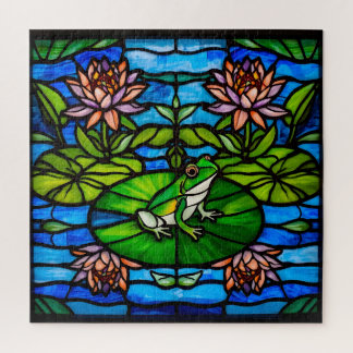 Groene kikker en waterlelie bloemen in glas in loo legpuzzel