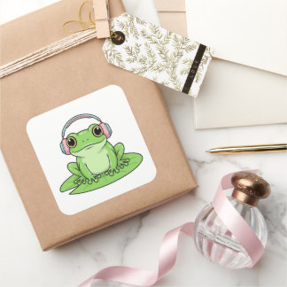 Groene kikker luistert naar muziek – Pastel sfeer Vierkante Sticker