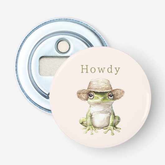 Groene kikker met hoed en blos button flesopener (Voorkant)
