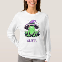 Groene kikker met paarse heksenhoed t-shirt