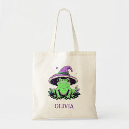 Groene kikker met paarse heksenhut tote bag