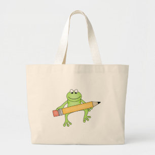 Groene kikker met potlood grote tote bag