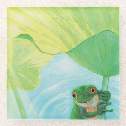 Groene kikker onder Lily Pad Glazen Onderzetter (Voorkant)