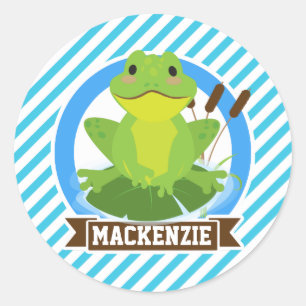 Groene Kikker op Lilypad; Blauwe & Witte Strepen Ronde Sticker