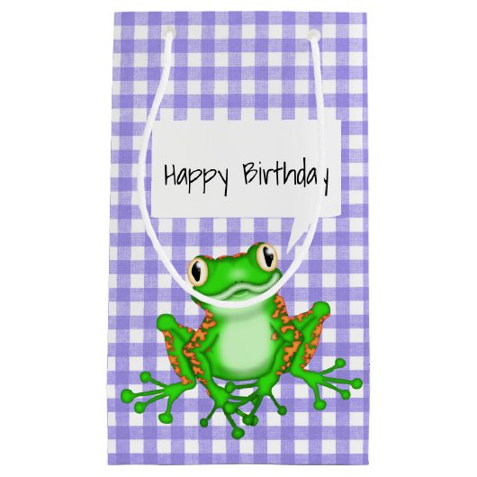 Groene kikker op Paarse Gingham Klein Cadeauzakje (Voorkant)