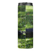 Groene kikker slaat een paal op de slang thermosbeker (Achterkant)