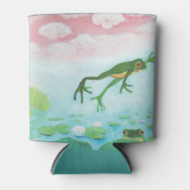 Groene kikker springt in de vijver illustratie blikjeskoeler