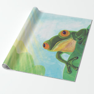 Groene kikker vangt zonneschermen cadeaupapier