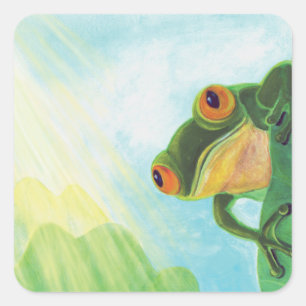 Groene kikker vangt zonneschermen vierkante sticker