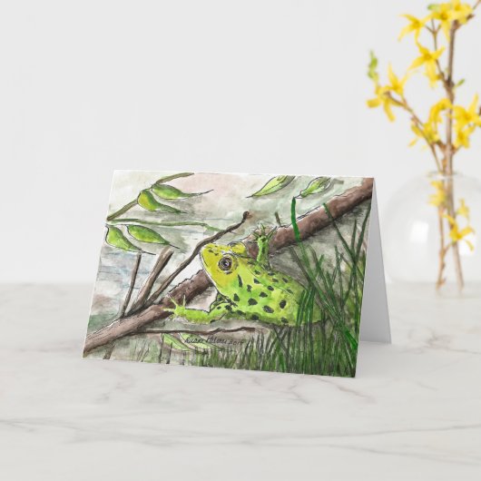 Groene kikker, Waterverf volkskunst, schilderij Pr Kaart (Gele Bloem)