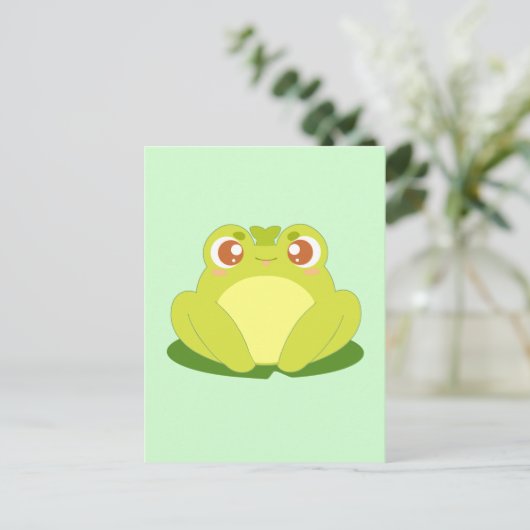 Groene kikker zittend op blad briefkaart (Staand voorkant)