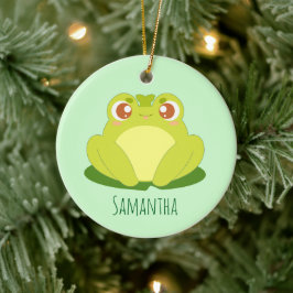 Groene kikker zittend op blad keramisch ornament