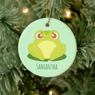 Groene kikker zittend op blad keramisch ornament