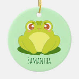 Groene kikker zittend op blad keramisch ornament
