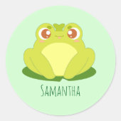 Groene kikker zittend op blad ronde sticker (Voorkant)