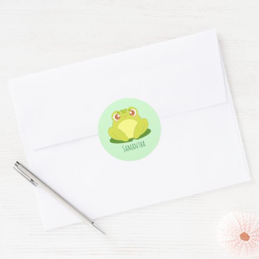 Groene kikker zittend op blad ronde sticker (Envelop)