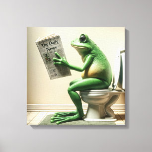 Groene kikker zittend op een toilet canvas afdruk