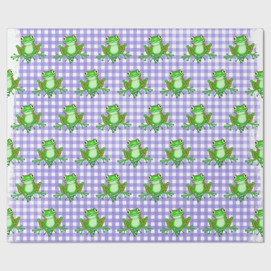 Groene kikkers op Paarse Gingham Cadeaupapier (Vlak)