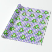 Groene kikkers op Paarse Gingham Cadeaupapier (Uitgerold)