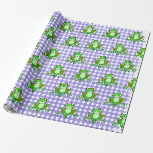 Groene kikkers op Paarse Gingham Cadeaupapier (Uitgerold)