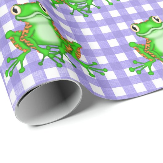 Groene kikkers op Paarse Gingham Cadeaupapier (Rol Hoek)