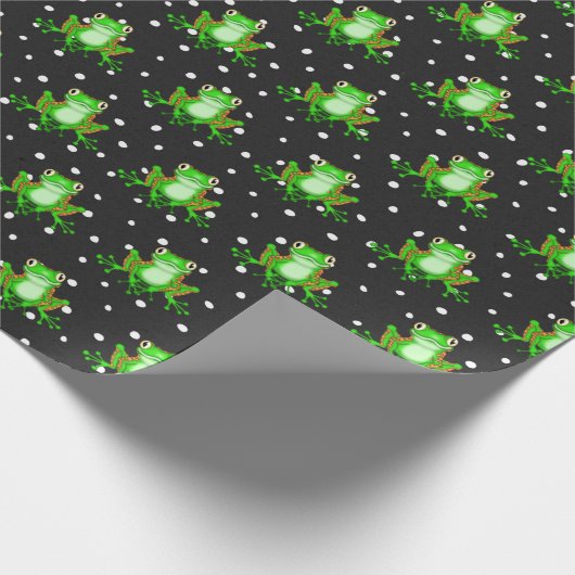 Groene kikkers op pokdots cadeaupapier (Hoek)