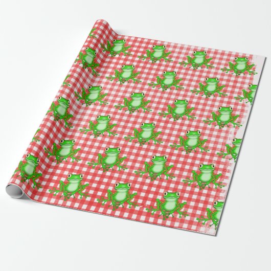 Groene kikkers op Red Gingham Cadeaupapier (Uitgerold)