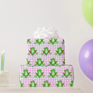 Groene kikkers op Roze Gingham Cadeaupapier