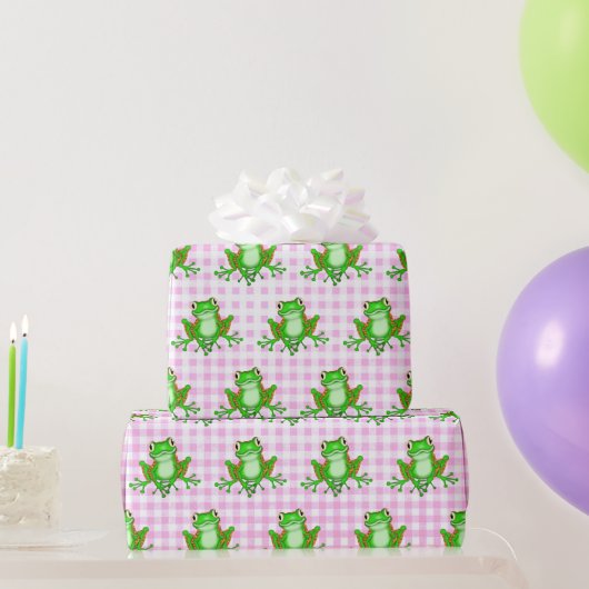 Groene kikkers op Roze Gingham Cadeaupapier (Feestgeschenken)