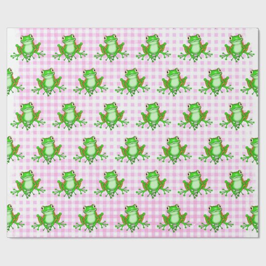 Groene kikkers op Roze Gingham Cadeaupapier (Vlak)