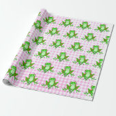 Groene kikkers op Roze Gingham Cadeaupapier (Uitgerold)