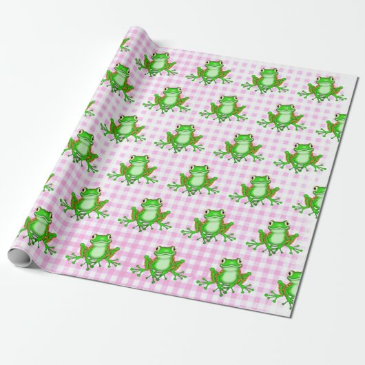 Groene kikkers op Roze Gingham Cadeaupapier (Uitgerold)