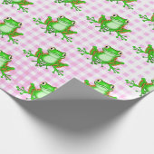 Groene kikkers op Roze Gingham Cadeaupapier (Hoek)