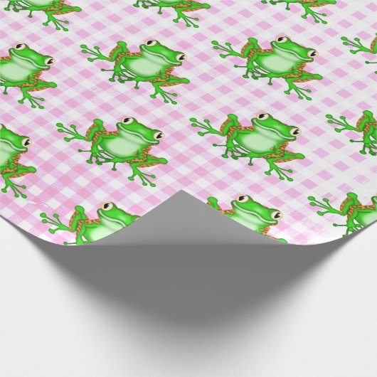 Groene kikkers op Roze Gingham Cadeaupapier (Hoek)