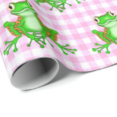 Groene kikkers op Roze Gingham Cadeaupapier (Rol Hoek)