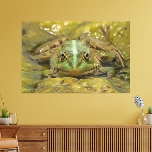 Groene kikkervisje tegen de weersrivierbedding canvas afdruk (Insitu (Woonkamer))