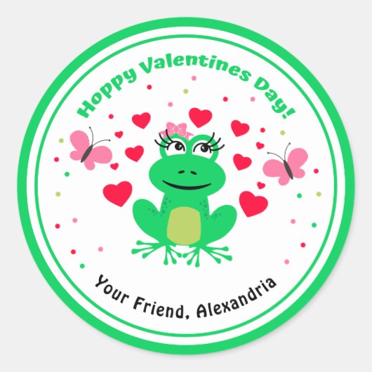 Groene Kinder Kikkervishoppy-Valentijnsdag Ronde Sticker (Voorkant)