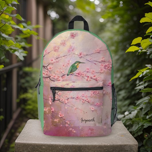 Groene Kingfisher op Roze Kersenbloesems Monogram Bedrukte Rugzak